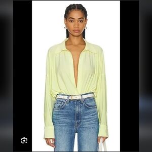 NWT Norma Kamali Oversized Boyfriend Style V Neck Bodysuit Butter XS